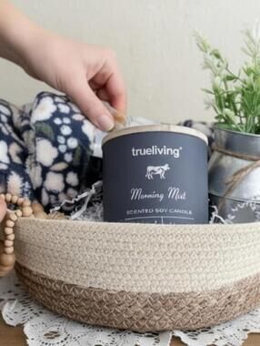 Cozy Farmhouse Gift Basket Cream Blanket Blue Candle Metal Vase wood jewelry
